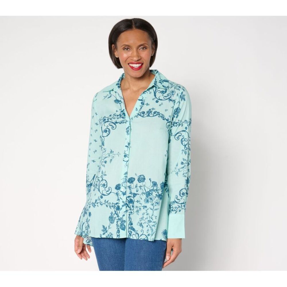 Truth + Style Women's Top Sz L High-Low Printed Shirt Green